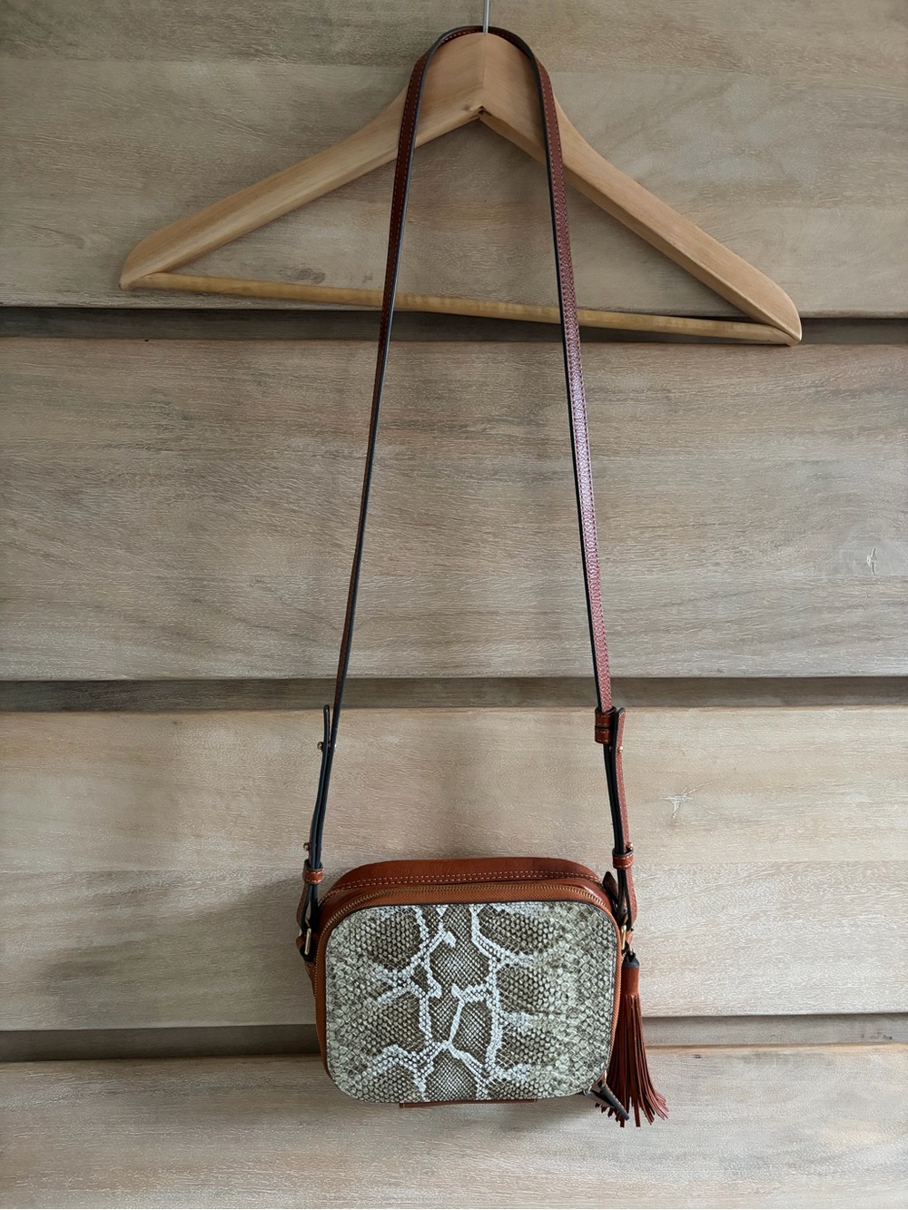 The Horse Genuine Leather Brown Snake-Print Crossbody Purse with Tassel